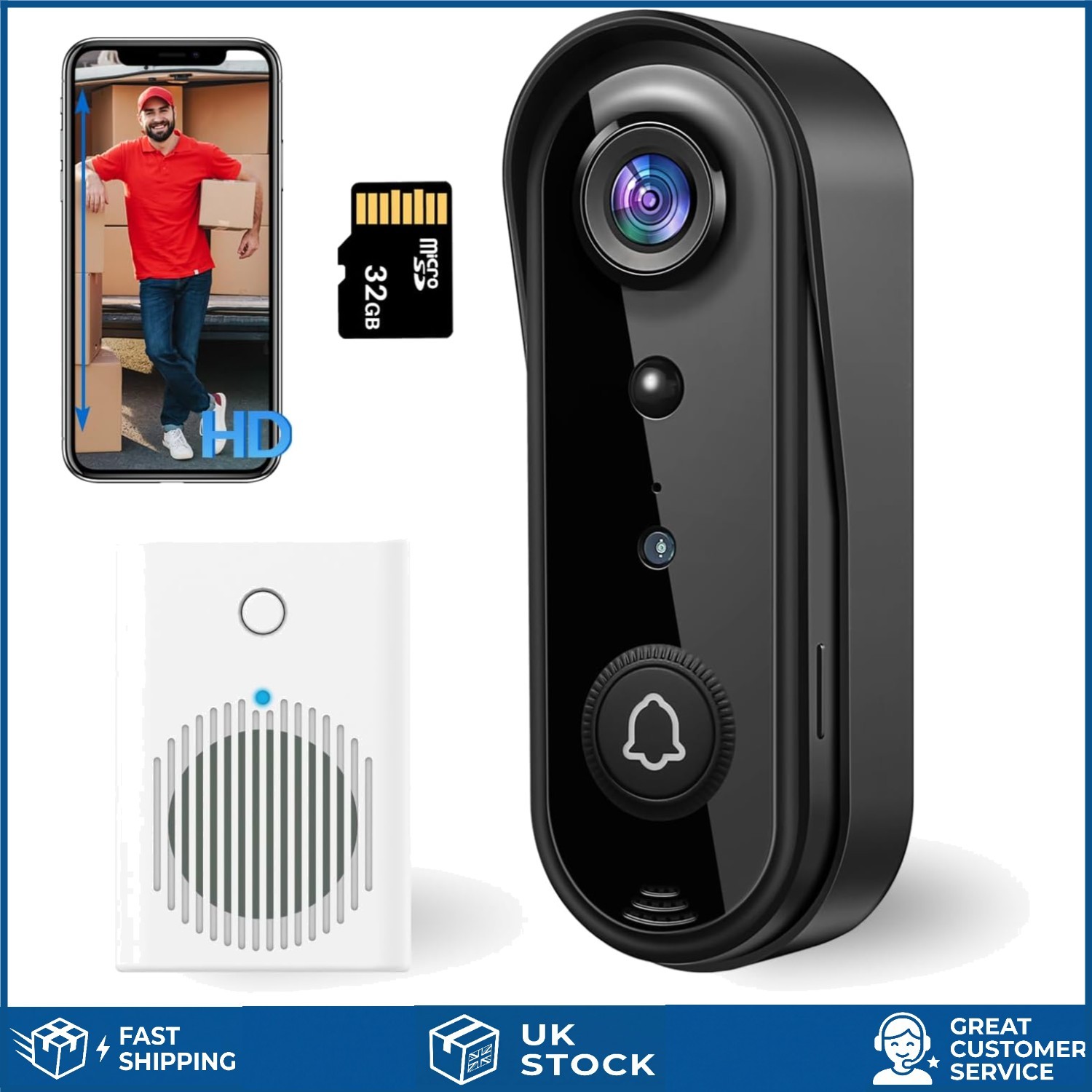 Ultra HD 2K Wireless Video Doorbell Camera AI Human Detection 32GB SD 1 Pack
