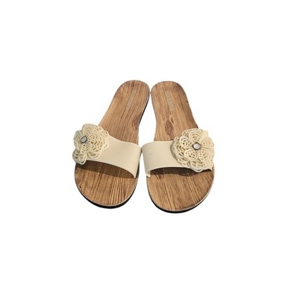 Isla Bonita Womens Slide Sandals Size 8 Cream Floral Faux Wood Grain Rhinestone
