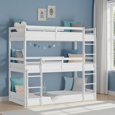 Lit Enfant Superposé Mezzanine 90x200 cm Triple Bois Massif Blanc Homestyle4u