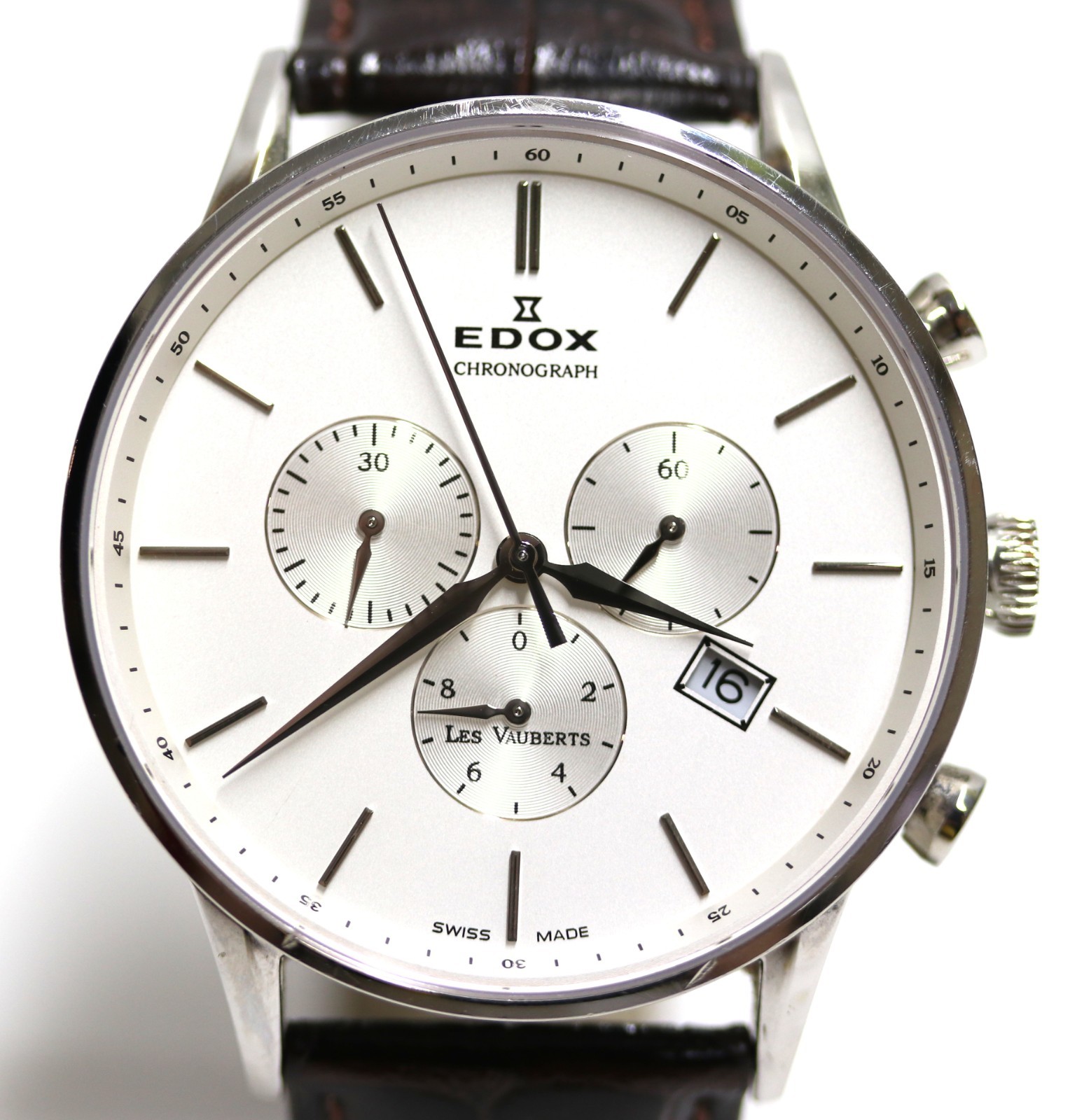 Edox Les Vauberts 1685 Ref. 10408 41mm White Dial Stainless Steel Chrono Watch
