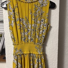 Nanette Lepore Pleated Sleeveless Smock Neck Waist Midi Dress Golden Cypress