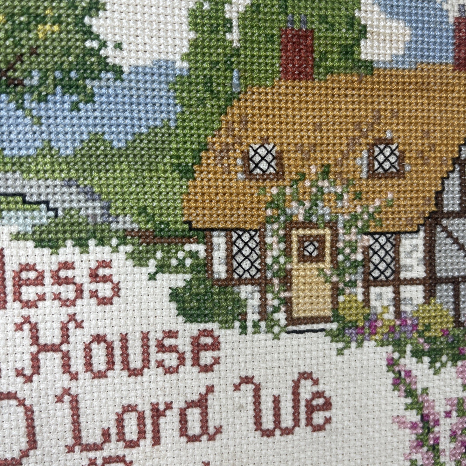 Bless This House O Lord We Pray Framed Cross-Stitch Cottage Sheep Scene 14.25"