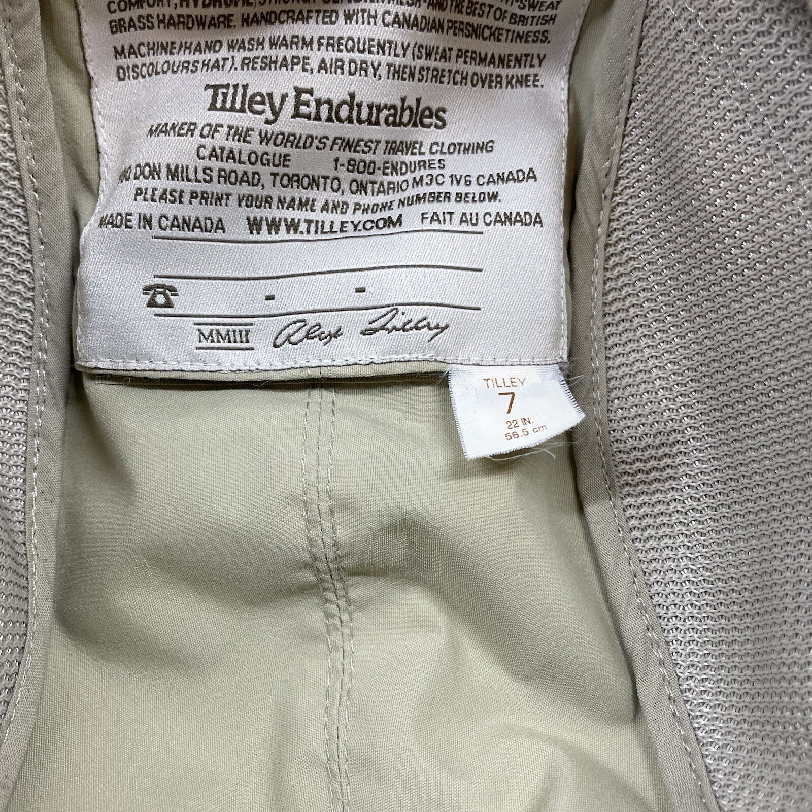 Tilley Endurables AIRFLO LTM7 Hat Sz 7 22 In Lightweight Beige Safari Brim Mesh