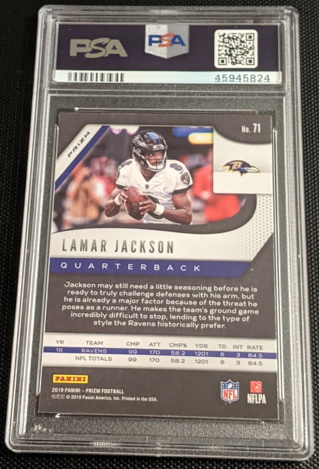 2019 Lamar Jackson 2nd Year #71 Panini Prizm Red Ice Prizm PSA 9 Mint view 2