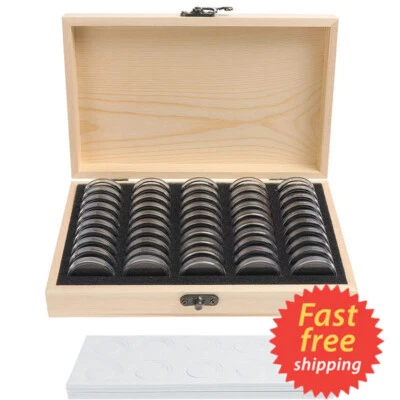 100Pcs Coins Display Storage Box Case Capsules Wooden For Collectible Coin Set