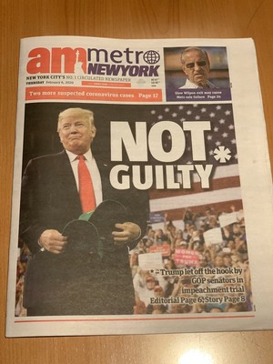 Trump NOT GUILTY AM METRO NEW YORK Newspaper Acquitted Impeachment - 2/6/2020 | eBay