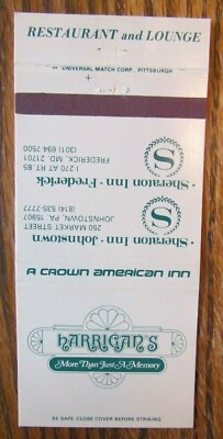 SHERATON HOTEL MATCHBOOK COVER: FREDERICK MARYLAND & JOHNSTOWN PENNSYLVANIA -E12