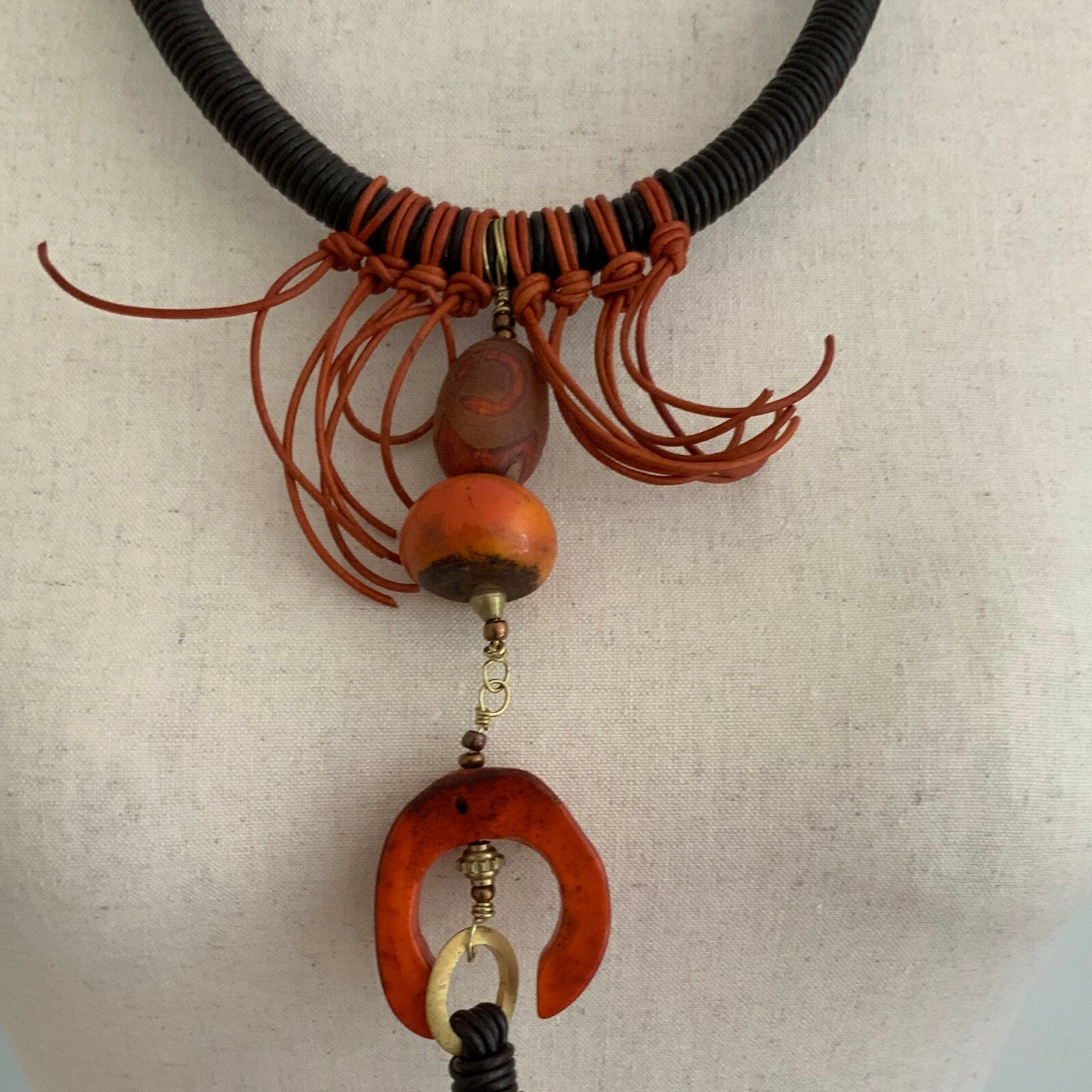 Long Runway Statement Boho Chic Brown Orange Leat… - image 7