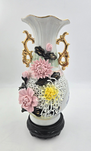 Capodimonte 14" Lattice Vase Raised Flowers & Spaghetti Strings GOLD - Italy - 第 1/15 張圖片