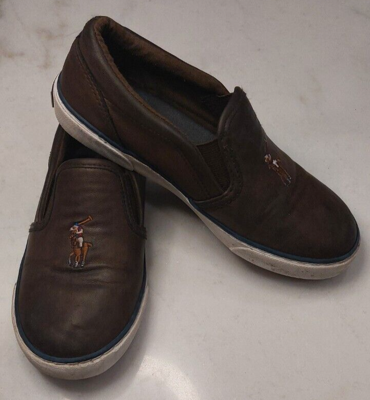 Scarpe da ginnastica bambino ragazzo Polo Ralph Lauren slip on sneakers pelle marrone pony 1