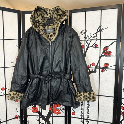 Wilson's Black Leather Hood Jacket Trench Coat XL Zip leopard Faux Fur  Lined | eBay