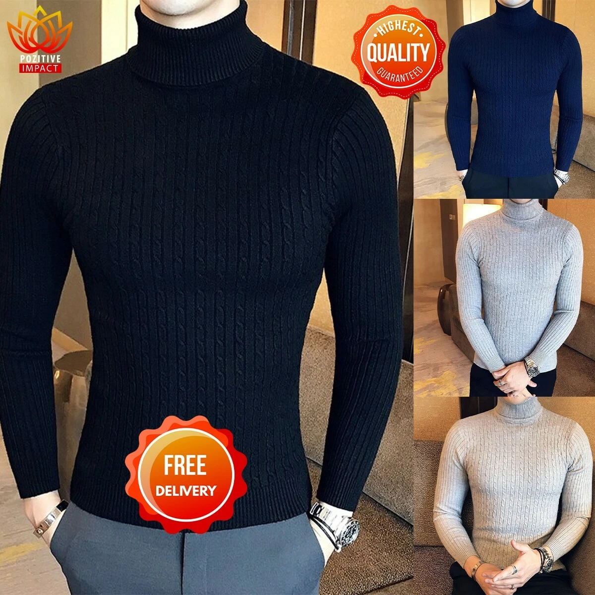 Suéter De Invierno Para Hombre Jersey De Cuello Alto Grueso Cuello Doble  Delgado