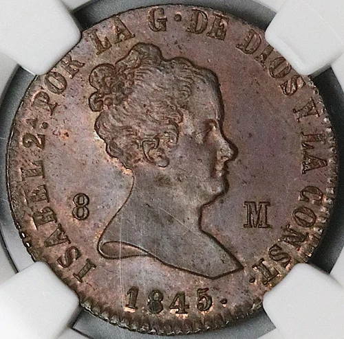 1845-JA NGC MS 62 Spain 8 Maravedis Isabel 2 Jubia Mint Coin POP 1/0 (24102702D)