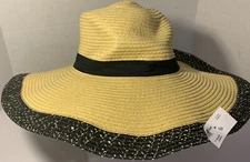 D&Y David & Young Paper Sun Hat Natural Color Black Band Sequin Trim Wide Brim