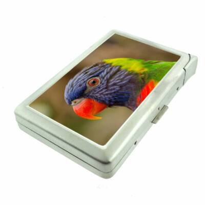 Parrot Em1 100's Size Cigarette Case with Built in Lighter Metal Wallet