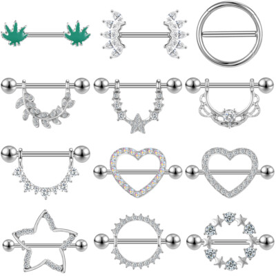 Pc 14G Stainless Steel Nipple Rings CZ Crystal Nipple Shield