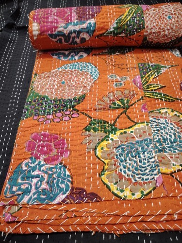 Indian Kantha Quilt,blanket Cotton king Size orange floral print Bedspread Throw - Picture 10 of 10