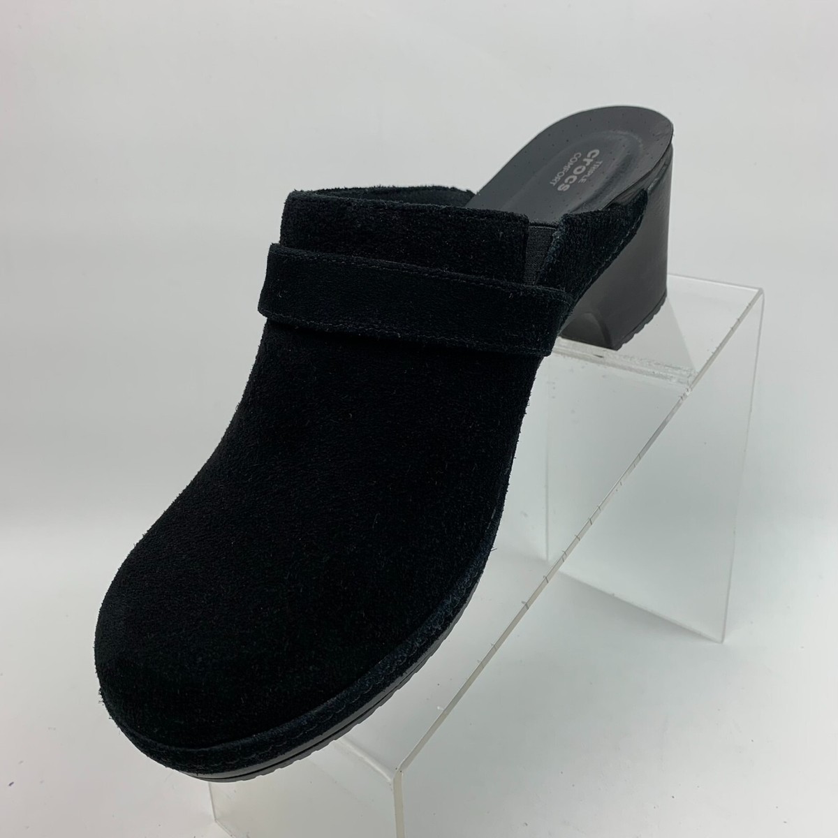 Crocs Mule Clogs Black Leather Suede Round Toe Platform Block Heel