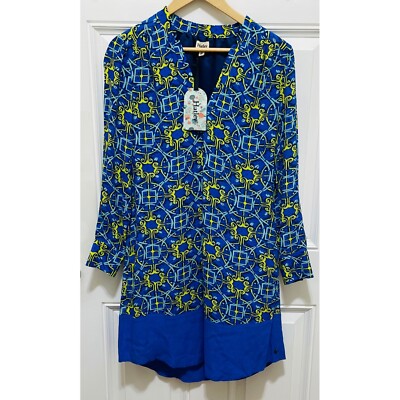 Hatley Print Dress V-Neck Long Sleeve Casual Blue Yellow Size S