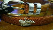 Lizard Brown Leather Belt with Moosehead Conchos Size 32 Hunting