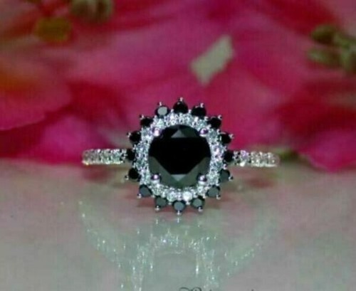 14K White Gold Over 2CT Round Cut Black Lab-Created Diamond Halo Engagement Ring - Picture 2 of 5