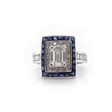 Classic Art Deco Baguette  Round Cut CZ  Blue Sapphire 2.19TCW Engagement Ring
