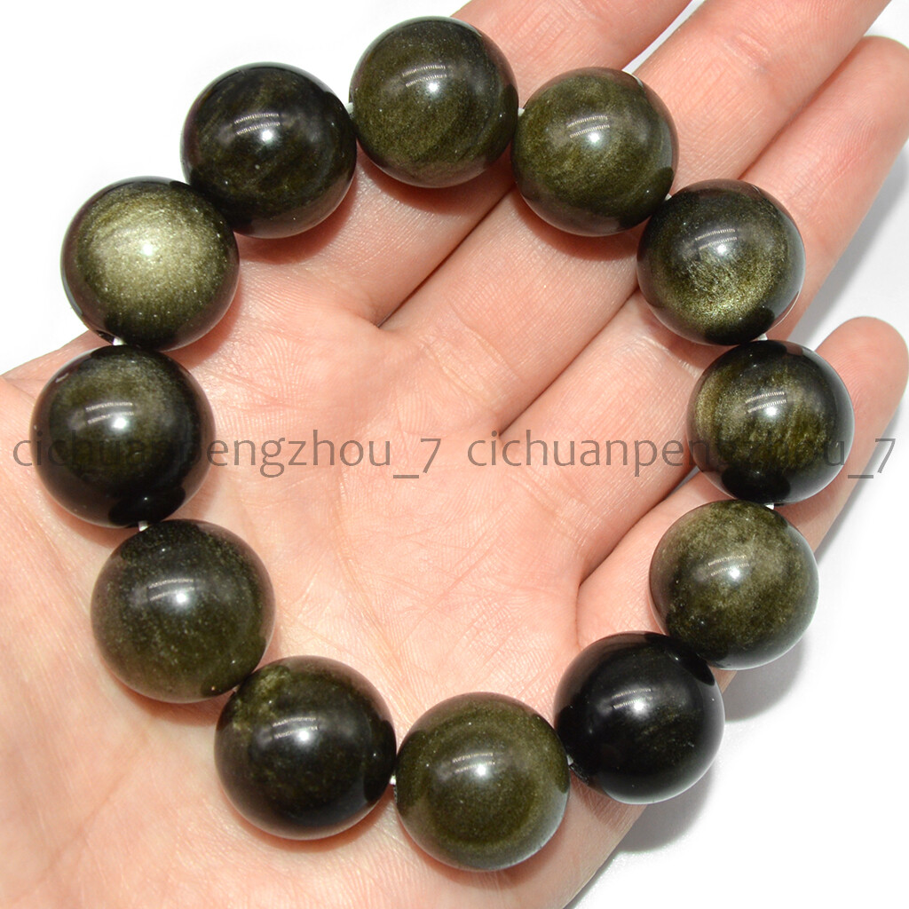 Huge 18mm Natural Gold Eye Obsidian Round Gems Beads Elastic Bracelet 7.5''