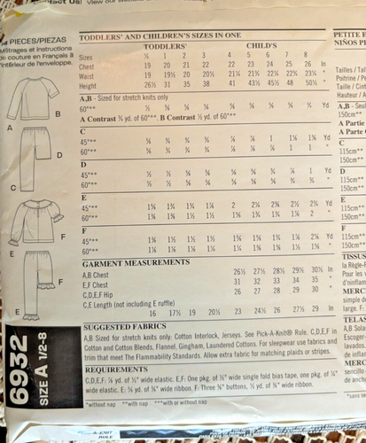 Sewing Pattern Kids Pajamas Uncut NEW LOOK 6932 Baby Toddler Kids Size 1/2 - 8 - Picture 2 of 2
