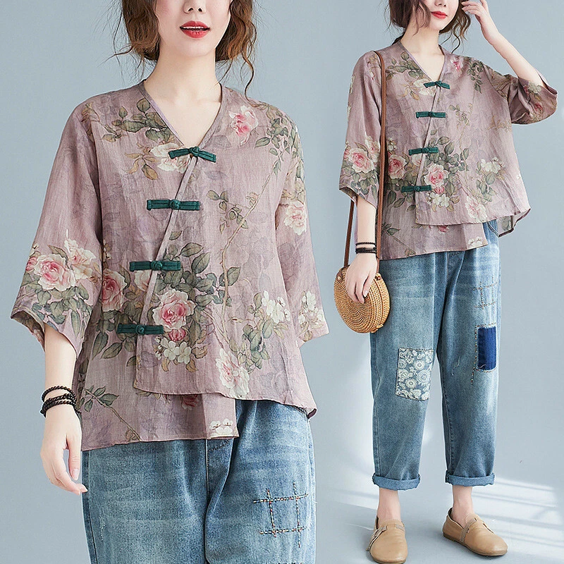 Camisa para mujer estilo chino floral cuello en V suelta mangas 3/4 botones informales Foto 2 de 4