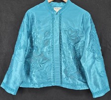 Norm Thompson Women Petite L Teal Floral Embroidered Jacket Button Up Lined Boho