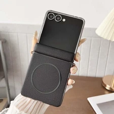 For Samsung Galaxy Z Flip 7 Shockproof Leather Hinge Protection PC Mag Safe Case