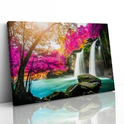 Wasserfall im bunten Herbstwald Leinwand gerahmter Druck Bild Wandbild