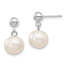 14k White Gold 8-8.5mm White Round Freshwater Cultured Pearl Post Dangle Earring