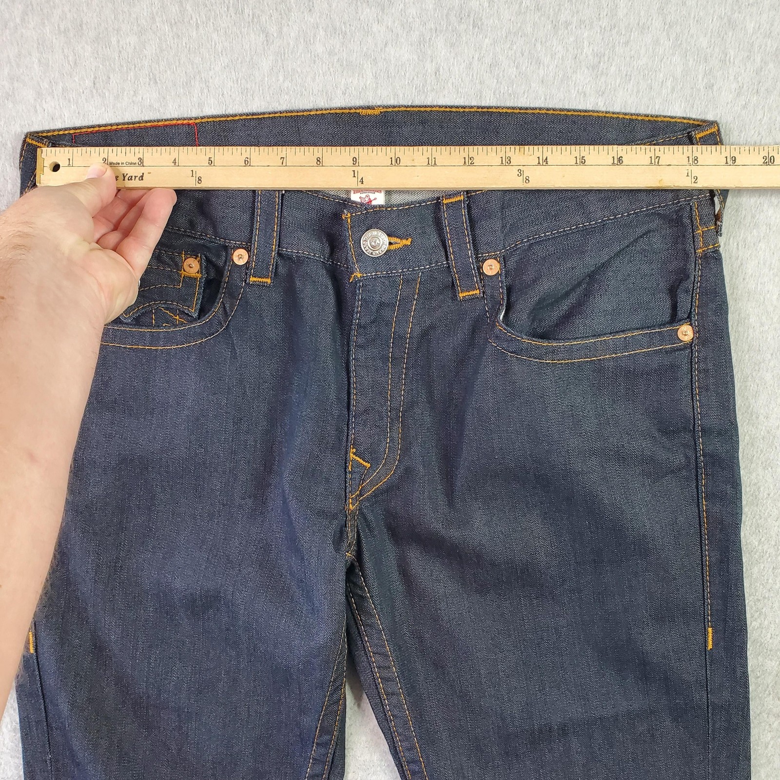 True Religion Jeans Mens 36 Dark Wash Straight Flap Pockets Orange Stitching thumbnail 6