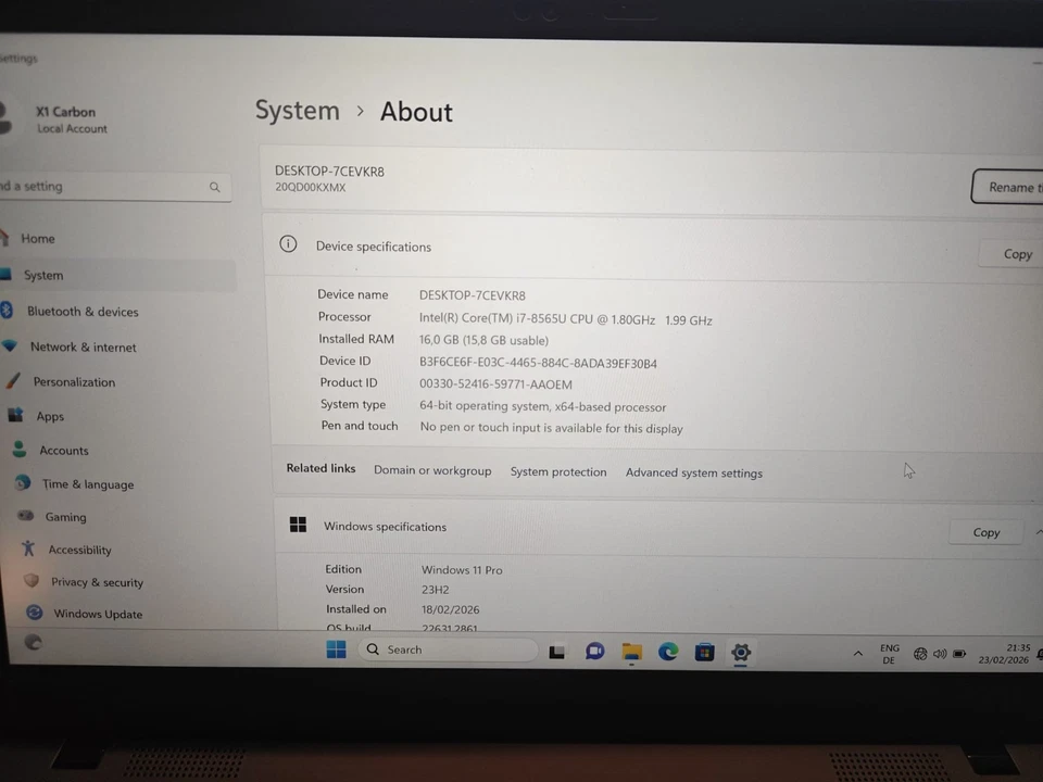 Lenovo ThinkPad X1 Carbon · i7-8565U · 16GB · 256GB, photo 3 sur 3