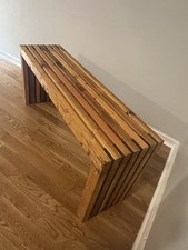 Handmade Modern Slatted Wood Bench with Red Cushions, Indoor Furniture
