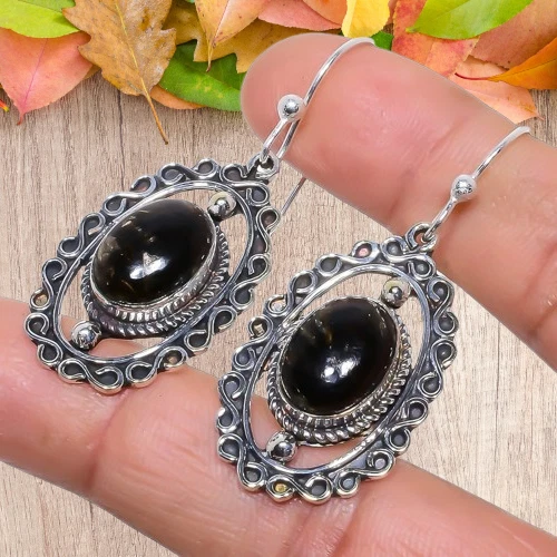 Pendiente de plata de ley 925 con piedras preciosas turquesa negro cobre 2,0" k100 Foto 3 de 4