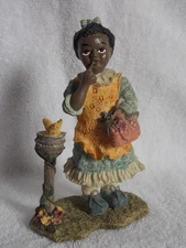 Vintage Young's Inc Monroe Mich African American Girl Bird & Birdbath Figurine