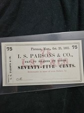 1862 I.S. Parsons & Co., Florence MA 75c Obsolete Remainder Note UNC (58770)