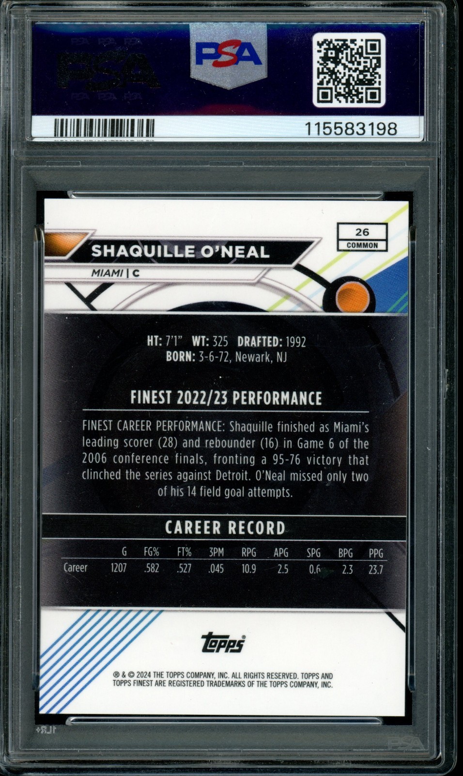 2023 Topps Finest #26 Shaquille O'neal Superfractor 1/1 PSA 9 view 2