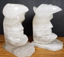 Vintage MCM Pair White Onyx Marble Warrior Figurine Bookends 7.5"