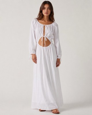 Vicolo White Maxi Dress Womens Open Front Tie Cutout Long Sleeve Boho Beach NWT