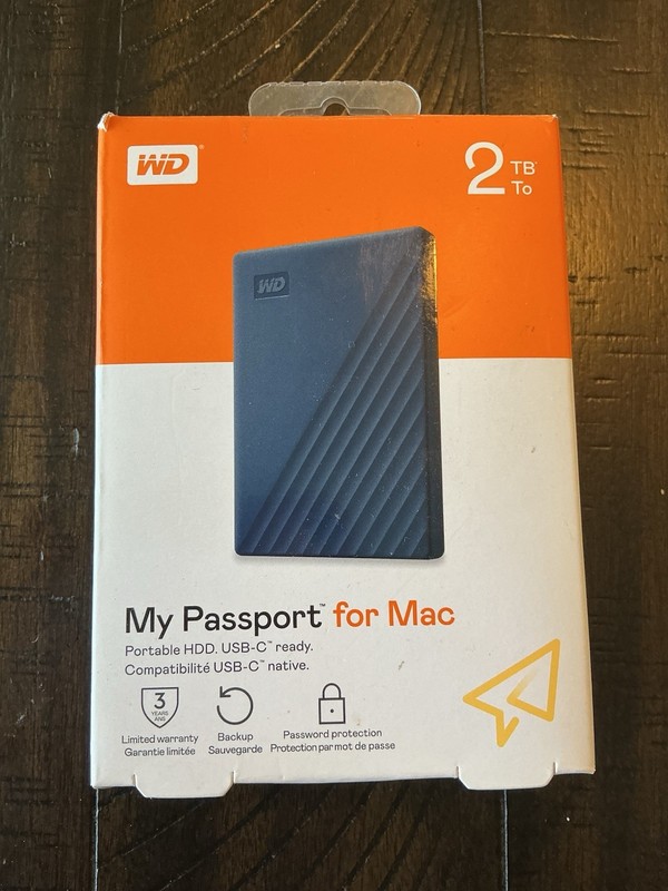 Western Digital WD My Passport for Mac 2TB USB-C Blue Portable HDD Password