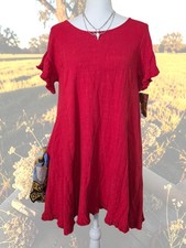 NEW Small Linen Cotton 'Bad Little Country Girl' Dress Red Fray Hem Western Boho