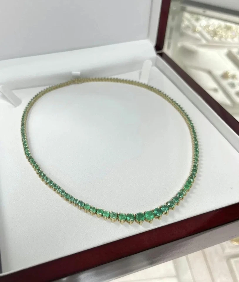 Collar Tenis Lujo 14Ct Redondo Creado en Laboratorio Esmeralda 18" Oro Amarillo 14K Sobre Foto 2 de 4