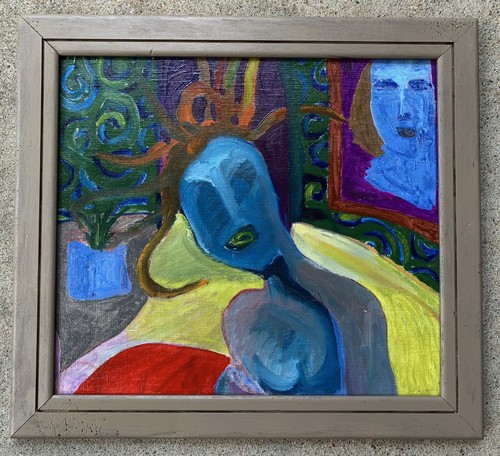 Vtg Oil Painting Modernist MCM Abstract Cubist ca 1960 Tara Scheyer Psychedelic - Picture 2 of 24