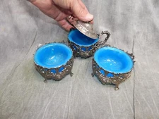 c 1850 Mustard & 2 Master Salts French Blue Glass in unmarked Silver? bases
