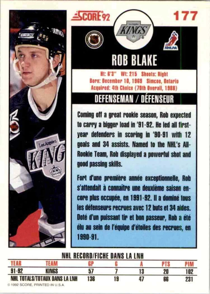 1992-93 Score Canadian Rob Blake #177 - Image 2 of 2