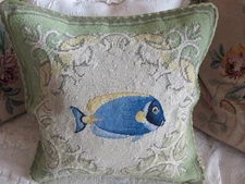 Aubusson style FRENCH COUNTRY Needlepoint Pillow Cover Nautical Blue Fish #2