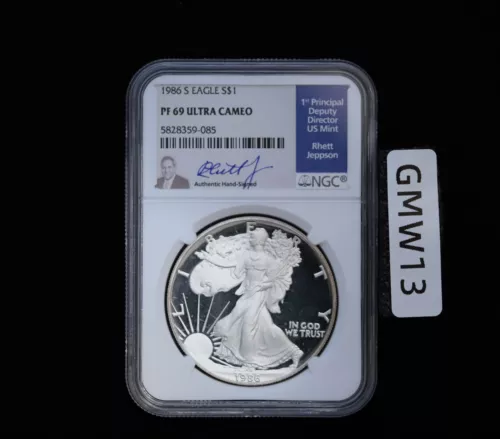 1986 S PROOF SILVER EAGLE NGC PF69 ULTRA CAMEO RHETT JEPPSON HAND SIGNED LABEL